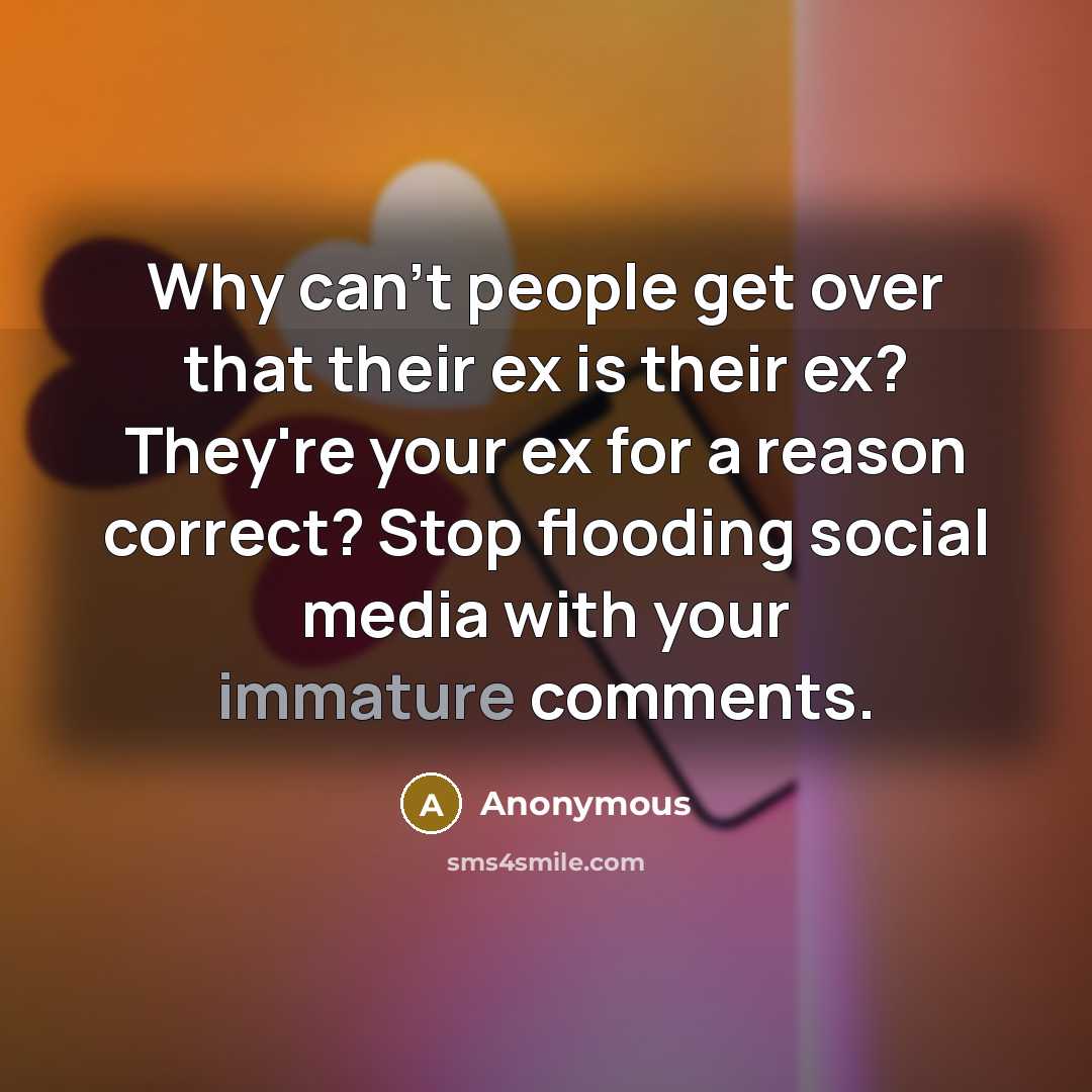 “Why can't people get over that their ex is their ex? They're your ex for a reason correct? Stop flooding social media with your immature comments.” quote by Anonymous