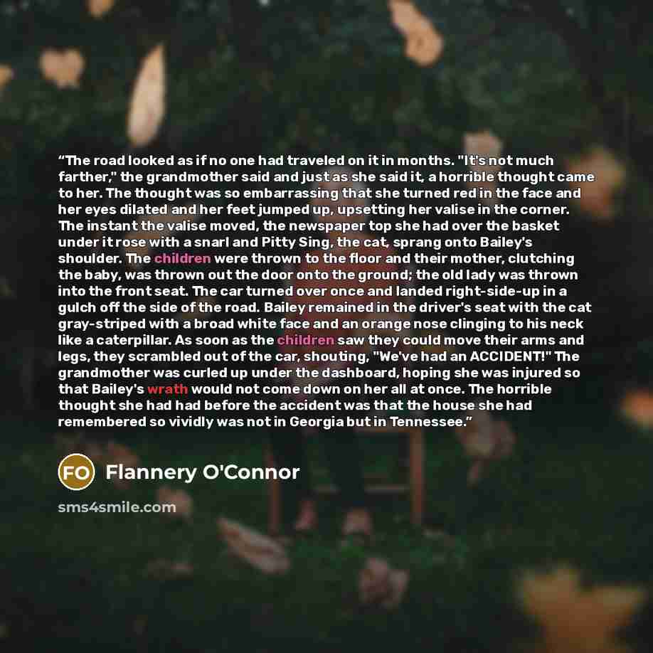 “The road looked as if no one had traveled on it in months. "It's not much farther," the grandmother said and just as she said it, a horrible thought came to her. The thought was so embarrassing that she turned red in the face and her eyes dilated and her feet jumped up, upsetting her valise in the…” quote by Flannery O'Connor