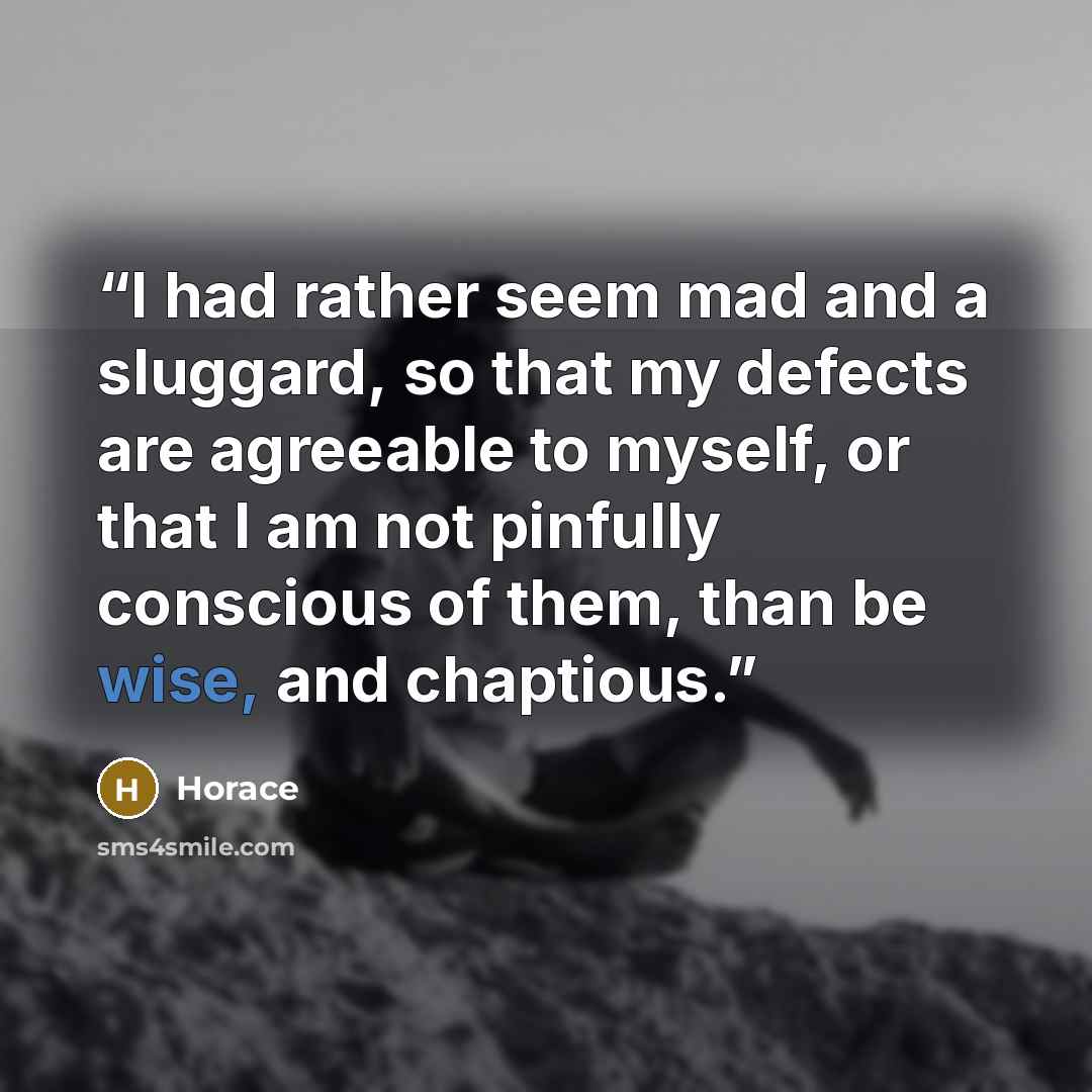 “I had rather seem mad and a sluggard, so that my defects are agreeable to myself, or that I am not pinfully conscious of them, than be wise, and chaptious.” quote by Horace