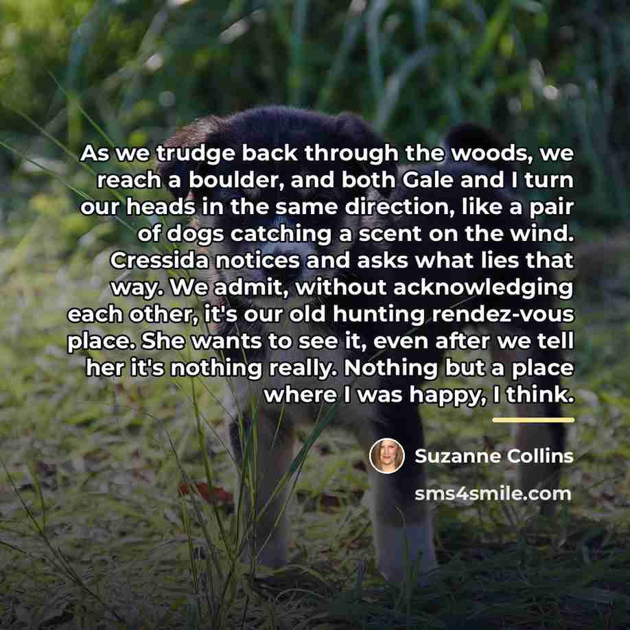 “As we trudge back through the woods, we reach a…” quote by Suzanne Collins