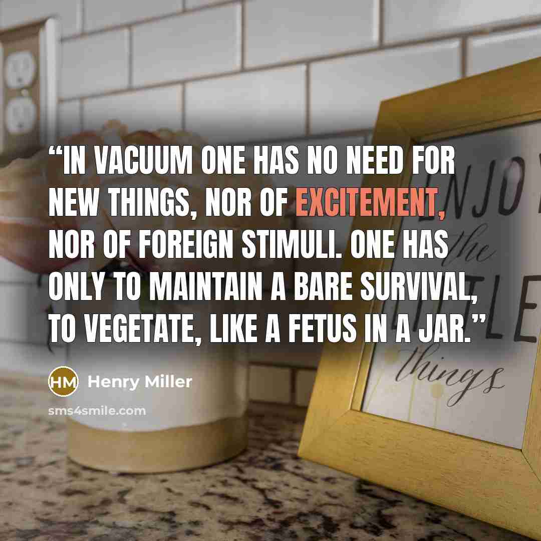 “In vacuum one has no need for new things, nor of excitement, nor of foreign stimuli. One has only to maintain a bare survival, to vegetate, like a fetus in a jar.” quote by Henry Miller