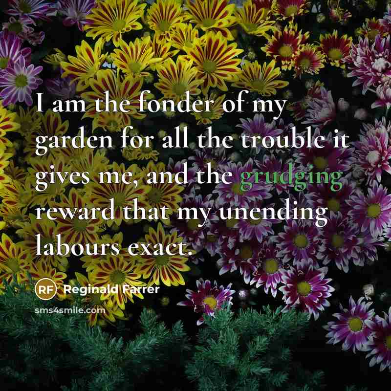 “I am the fonder of my garden for all the trouble it gives me, and the grudging reward that my unending labours exact.” quote by Reginald Farrer