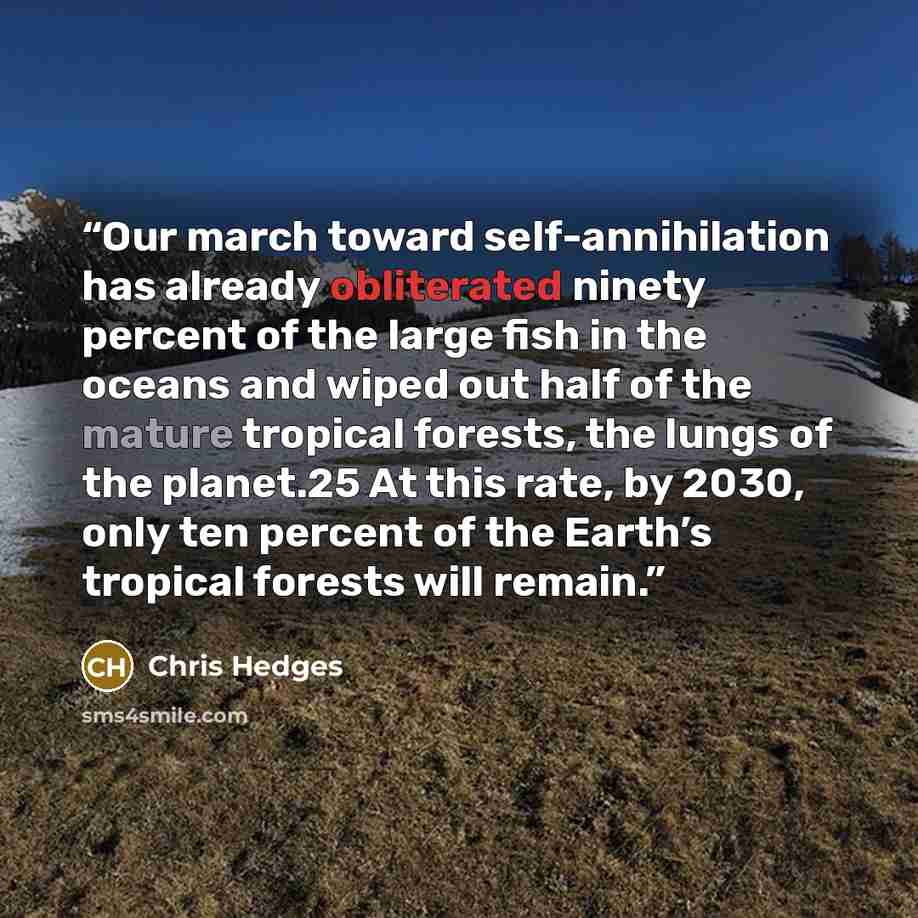 “Our march toward self-annihilation has already obliterated ninety percent of the large fish in the oceans and wiped out half of the mature tropical forests, the lungs of the planet.25 At this rate, by 2030, only ten percent of the Earth’s tropical forests will remain.” quote by Chris Hedges