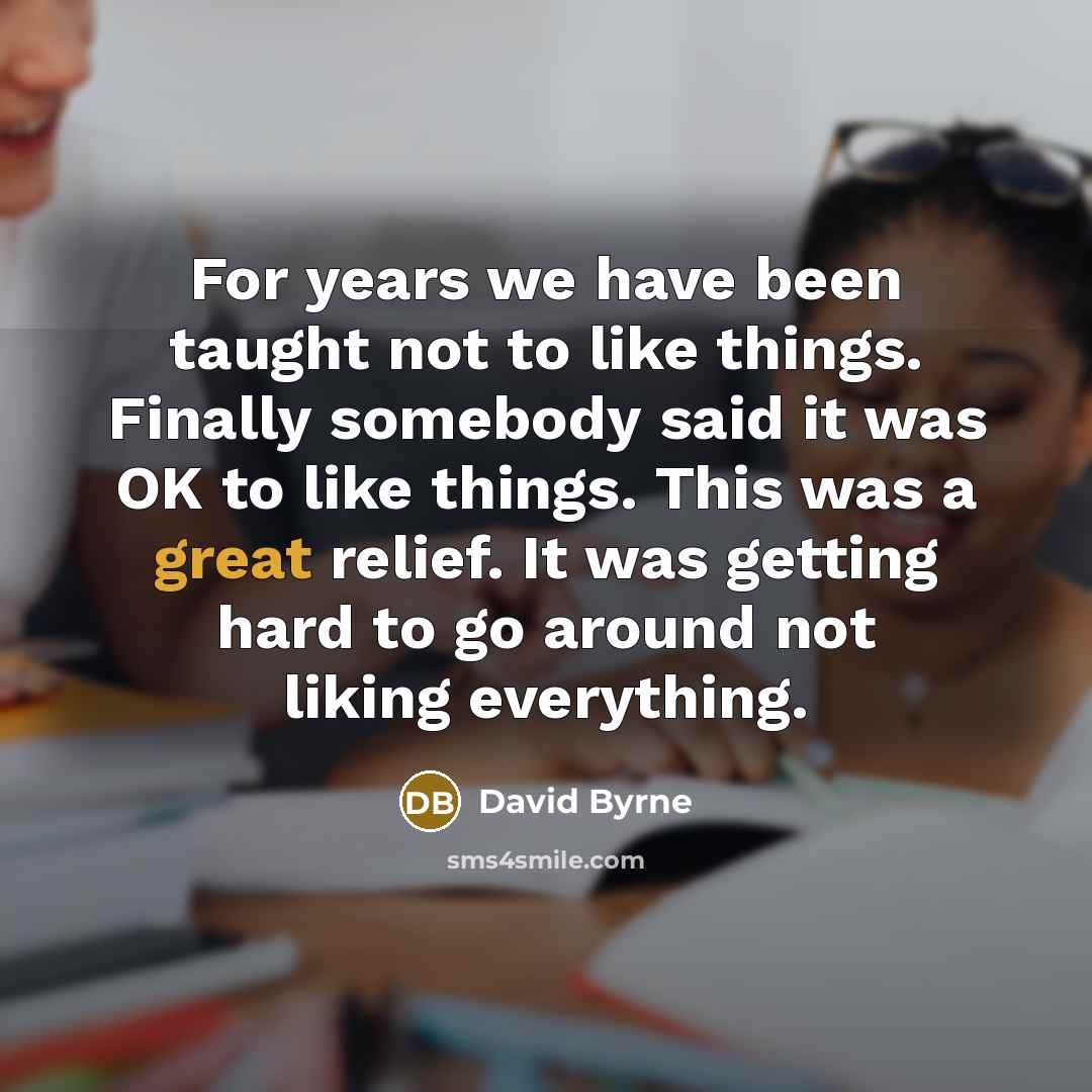 “For years we have been taught not to like things. Finally somebody said it was OK to like things. This was a great relief. It was getting hard to go around not liking everything.” quote by David Byrne