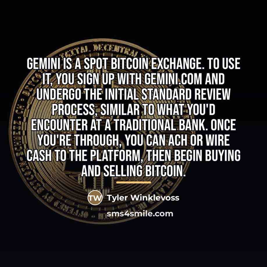 “Gemini is a spot bitcoin exchange. To use it, you…” quote by Tyler Winklevoss