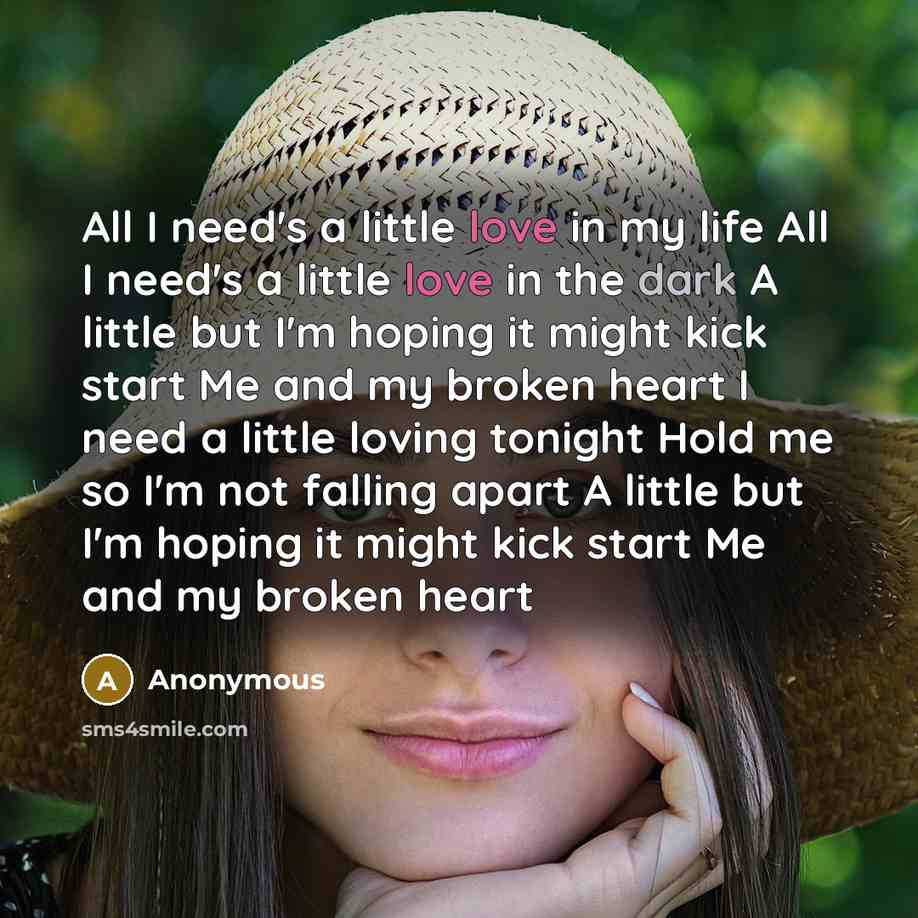 “All I need's a little love in my life All I need's a little love in the dark A little but I'm hoping it might kick start Me and my broken heart I need a little loving tonight Hold me so I'm not falling apart A little but I'm hoping it might kick start Me and my broken heart” quote by Anonymous