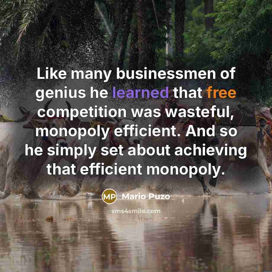 “Like many businessmen of genius he learned that free competition…” quote by Mario Puzo