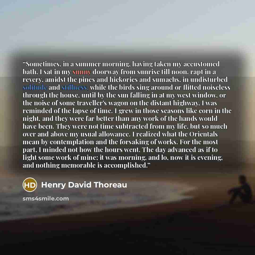 “Sometimes, in a summer morning, having taken my accustomed bath, I sat in my sunny doorway from sunrise till noon, rapt in a revery, amidst the pines and hickories and sumachs, in undisturbed solitude and stillness, while the birds sing around or flitted noiseless through the house, until by the…” quote by Henry David Thoreau