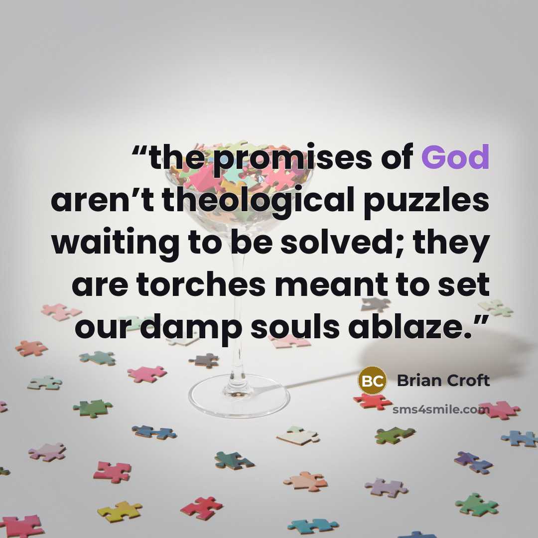 “the promises of God aren’t theological puzzles waiting to be solved; they are torches meant to set our damp souls ablaze.” quote by Brian Croft