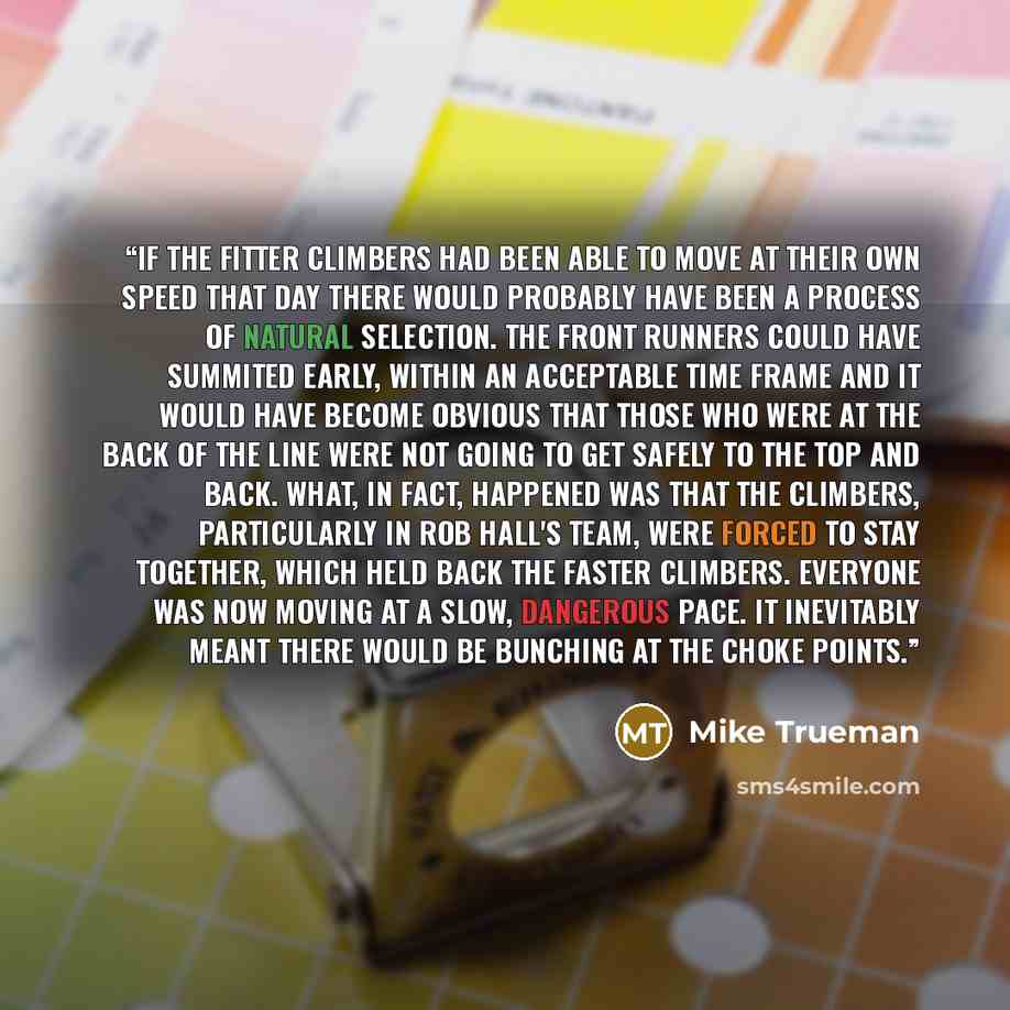 “If the fitter climbers had been able to move at their own speed that day there would probably have been a process of natural selection. The front runners could have summited early, within an acceptable time frame and it would have become obvious that those who were at the back of the line were not…” quote by Mike Trueman