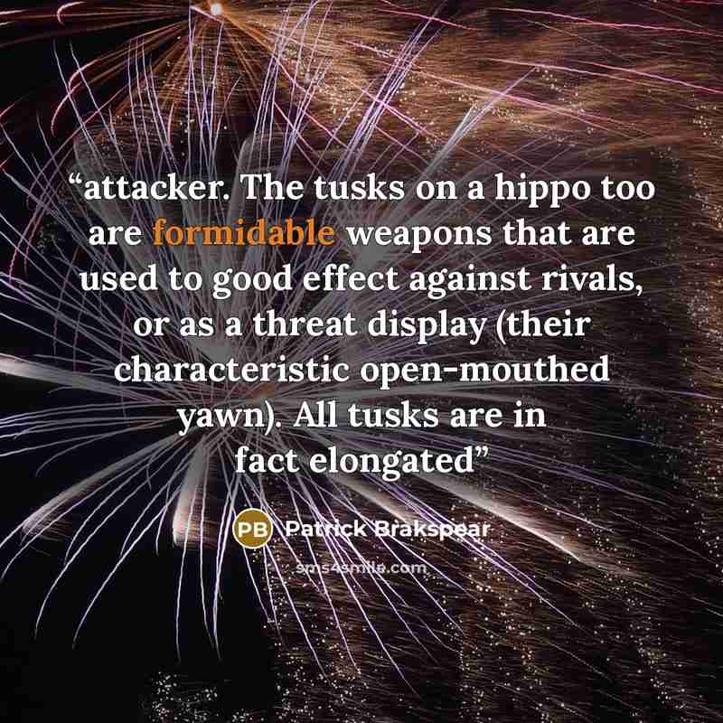 “attacker. The tusks on a hippo too are formidable weapons that are used to good effect against rivals, or as a threat display (their characteristic open-mouthed yawn). All tusks are in fact elongated” quote by Patrick Brakspear