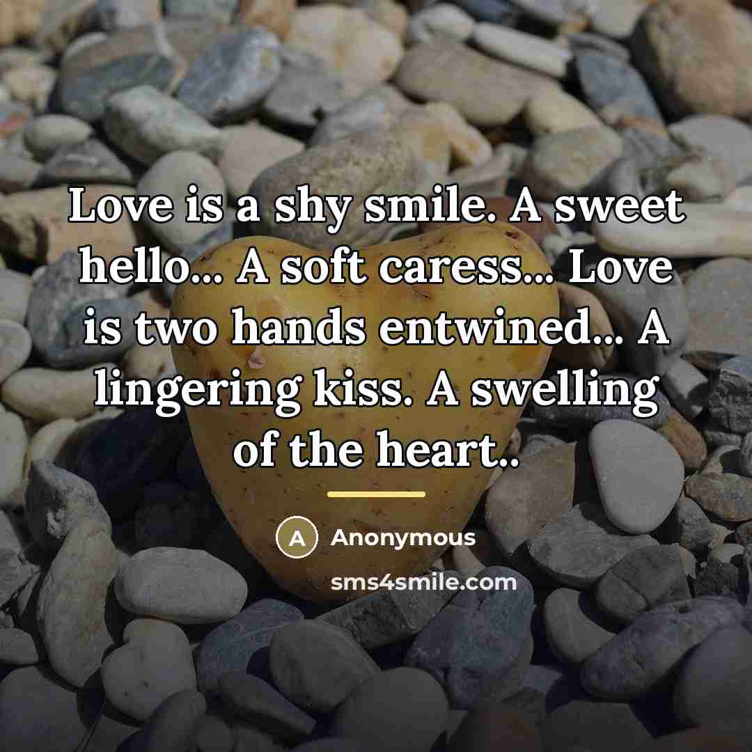 “Love is a shy smile. A sweet hello... A soft…” quote by Anonymous