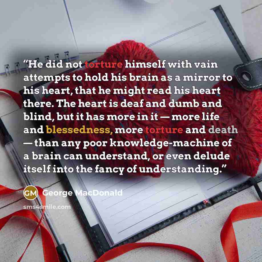 “He did not torture himself with vain attempts to hold his brain as a mirror to his heart, that he might read his heart there. The heart is deaf and dumb and blind, but it has more in it — more life and blessedness, more torture and death — than any poor knowledge-machine of a brain can understand…” quote by George MacDonald