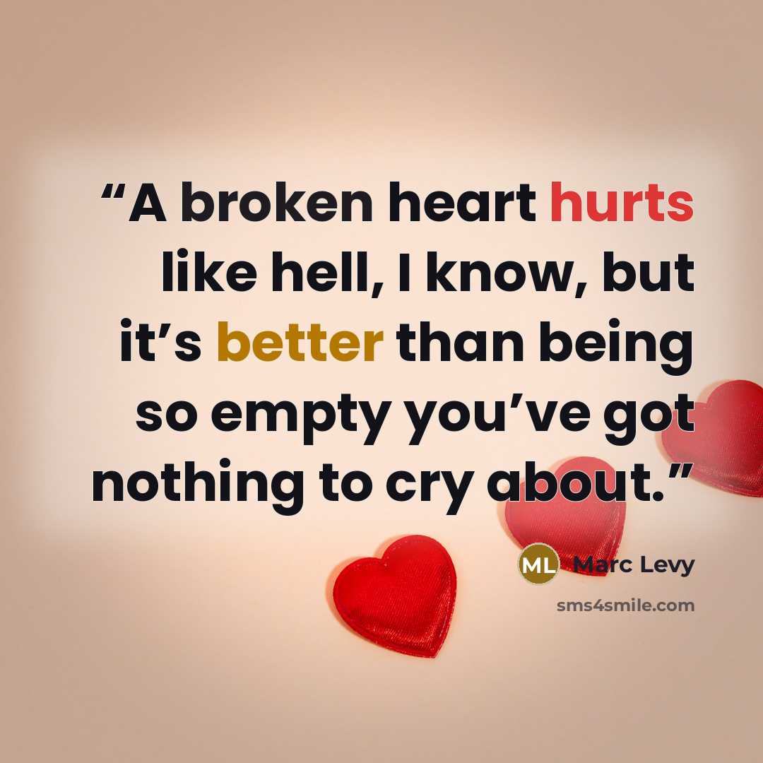 “A broken heart hurts like hell, I know, but it’s better than being so empty you’ve got nothing to cry about.” quote by Marc Levy