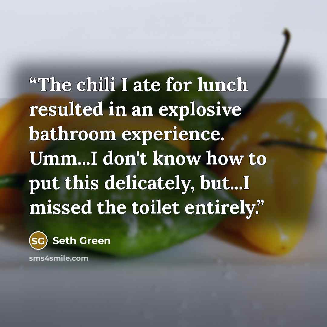 “The chili I ate for lunch resulted in an explosive bathroom experience. Umm...I don't know how to put this delicately, but...I missed the toilet entirely.” quote by Seth Green