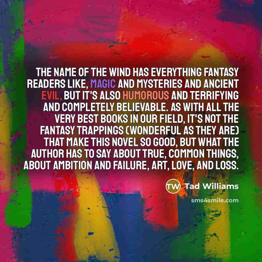 “THE NAME OF THE WIND has everything fantasy readers like,…” quote by Tad Williams
