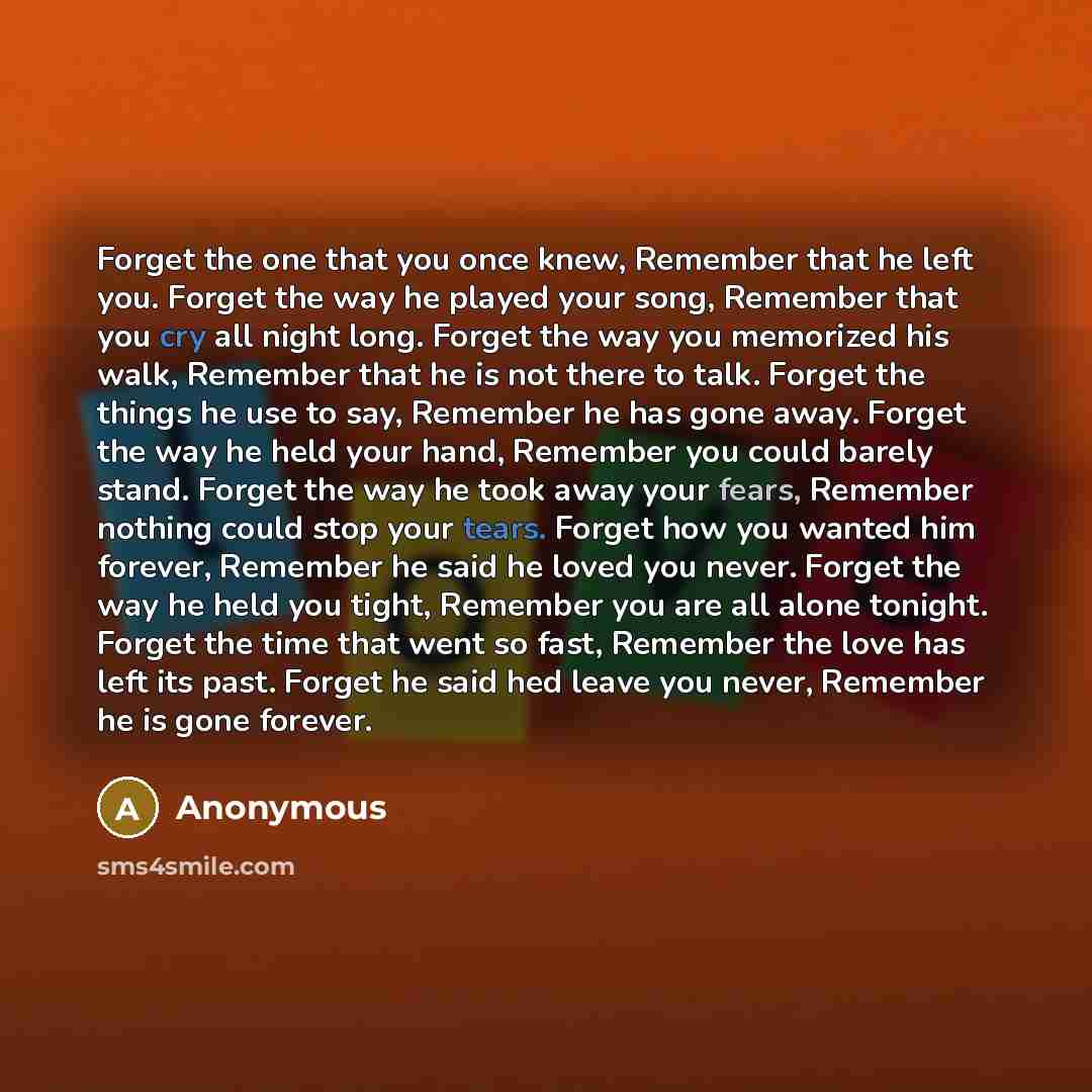 “Forget the one that you once knew, Remember that he left you. Forget the way he played your song, Remember that you cry all night long. Forget the way you memorized his walk, Remember that he is not there to talk. Forget the things he use to say, Remember he has gone away. Forget the way he held…” quote by Anonymous