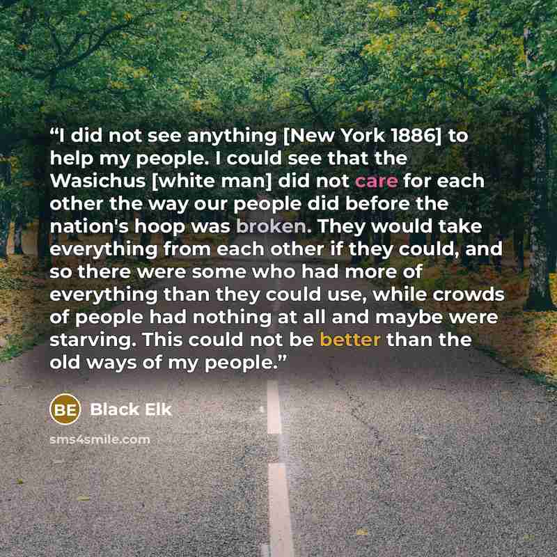 “I did not see anything [New York 1886] to help my people. I could see that the Wasichus [white man] did not care for each other the way our people did before the nation's hoop was broken. They would take everything from each other if they could, and so there were some who had more of everything…” quote by Black Elk