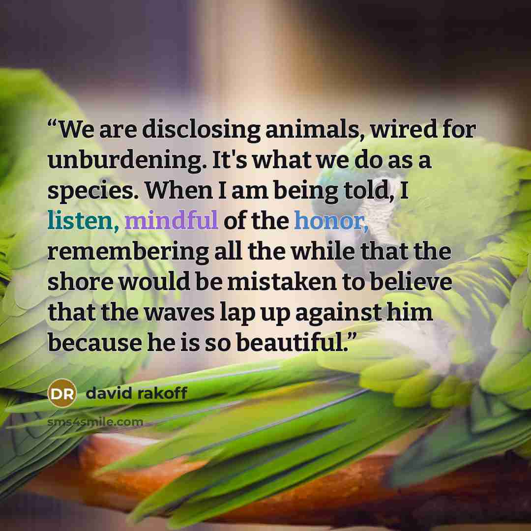 “We are disclosing animals, wired for unburdening. It's what we do as a species. When I am being told, I listen, mindful of the honor, remembering all the while that the shore would be mistaken to believe that the waves lap up against him because he is so beautiful.” quote by David Rakoff