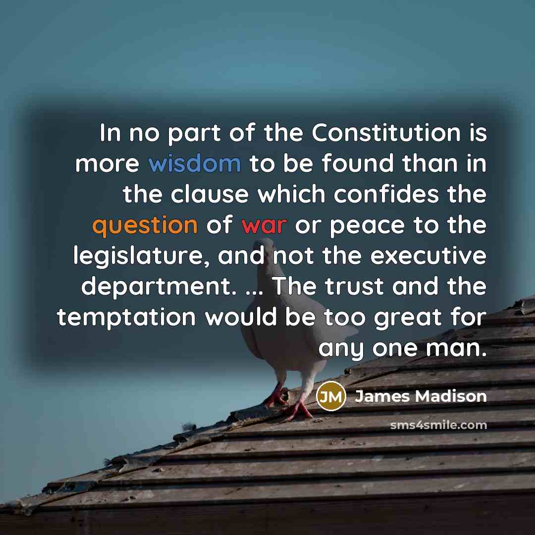 “In no part of the Constitution is more wisdom to be found than in the clause which confides the question of war or peace to the legislature, and not the executive department. ... The trust and the temptation would be too great for any one man.” quote by James Madison
