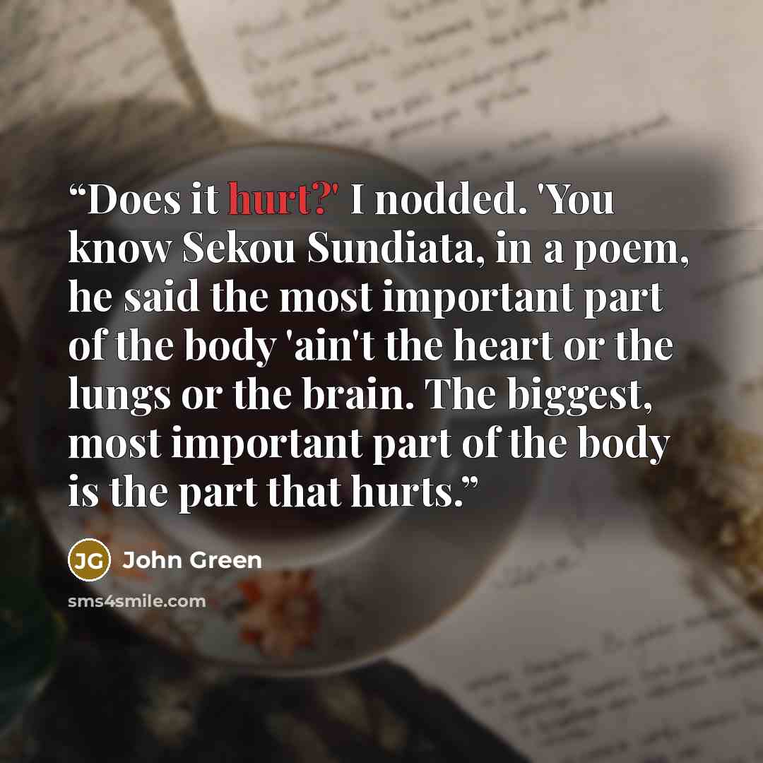 “Does it hurt?' I nodded. 'You know Sekou Sundiata, in a poem, he said the most important part of the body 'ain't the heart or the lungs or the brain. The biggest, most important part of the body is the part that hurts.” quote by John Green