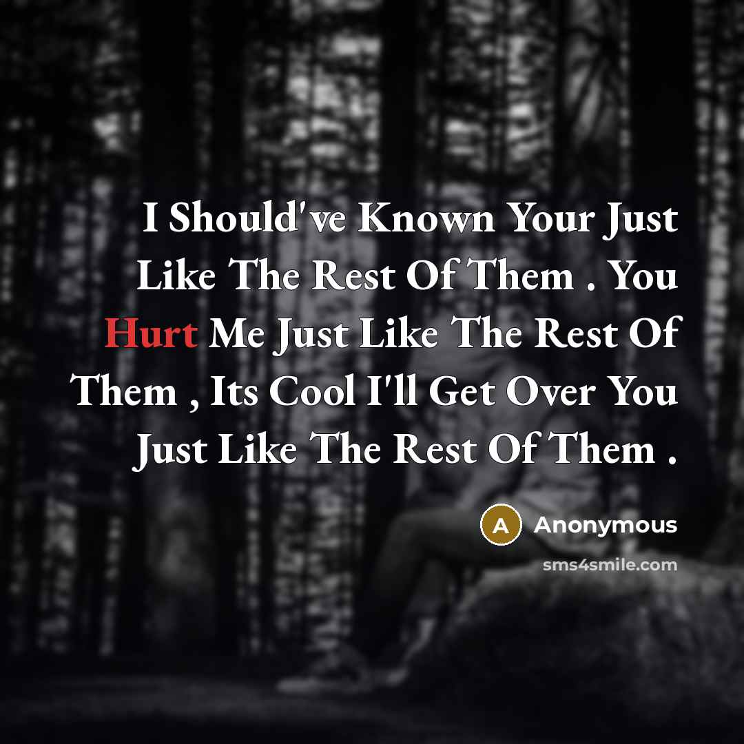 “I Should've Known Your Just Like The Rest Of Them . You Hurt Me Just Like The Rest Of Them , Its Cool I'll Get Over You Just Like The Rest Of Them .” quote by Anonymous