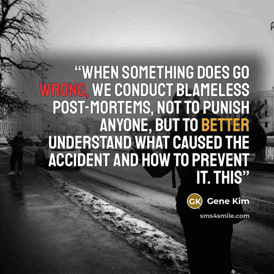“when something does go wrong, we conduct blameless post-mortems, not to punish anyone, but to better understand what caused the accident and how to prevent it. This” quote by Gene Kim