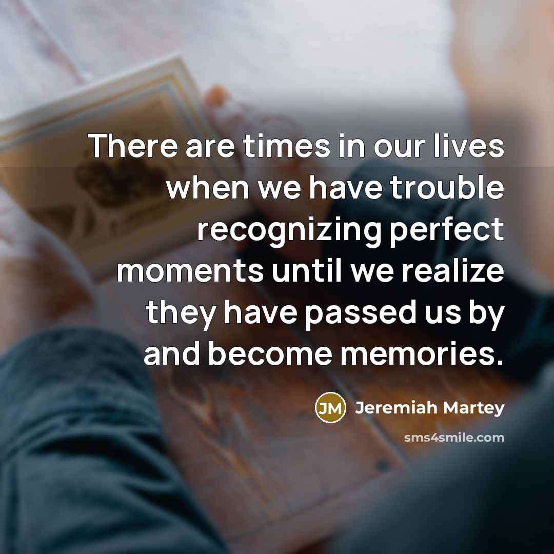 “There are times in our lives when we have trouble recognizing perfect moments until we realize they have passed us by and become memories.” quote by Jeremiah Martey