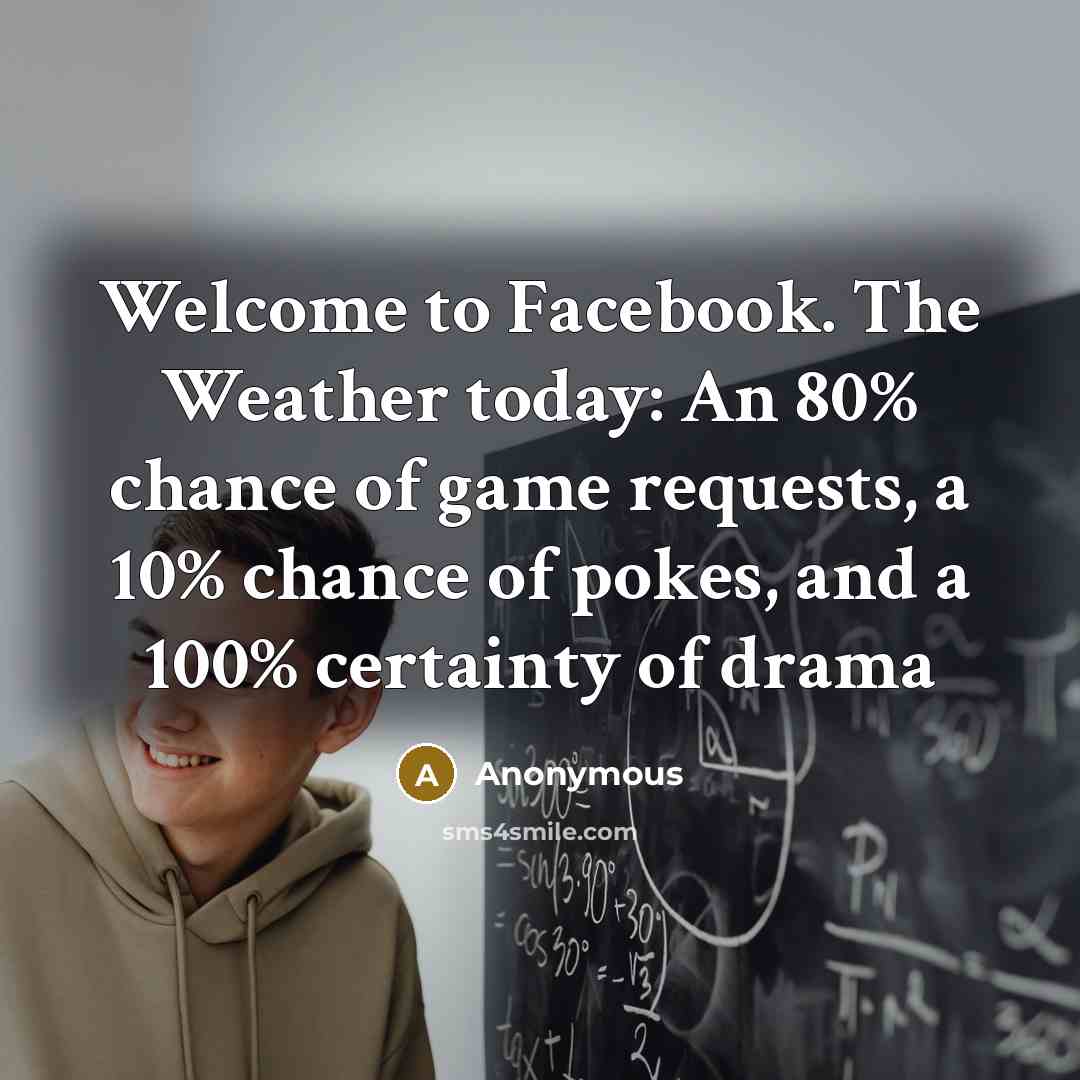 “Welcome to Facebook. The Weather today: An 80% chance of…” quote by Anonymous