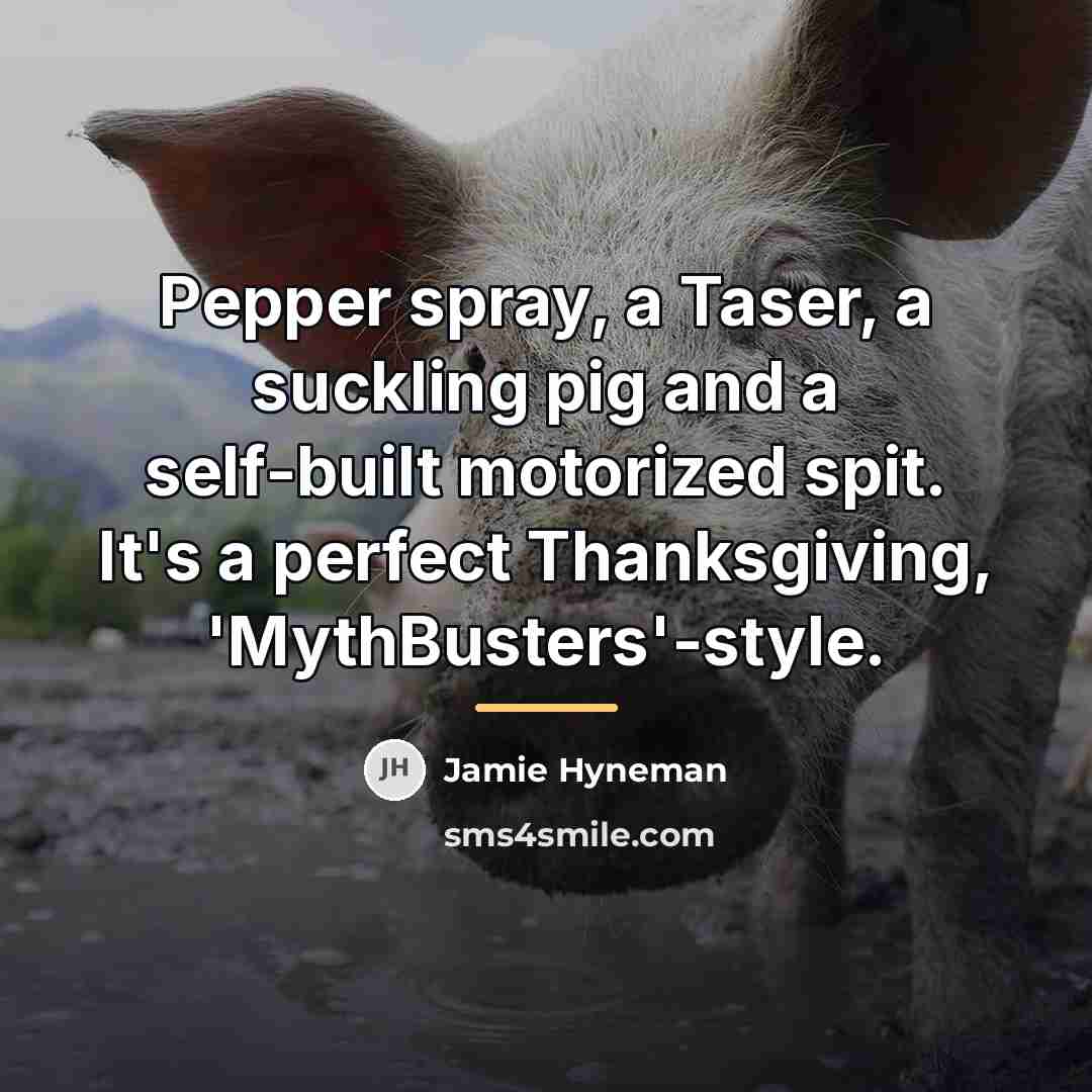 “Pepper spray, a Taser, a suckling pig and a self-built…” quote by Jamie Hyneman