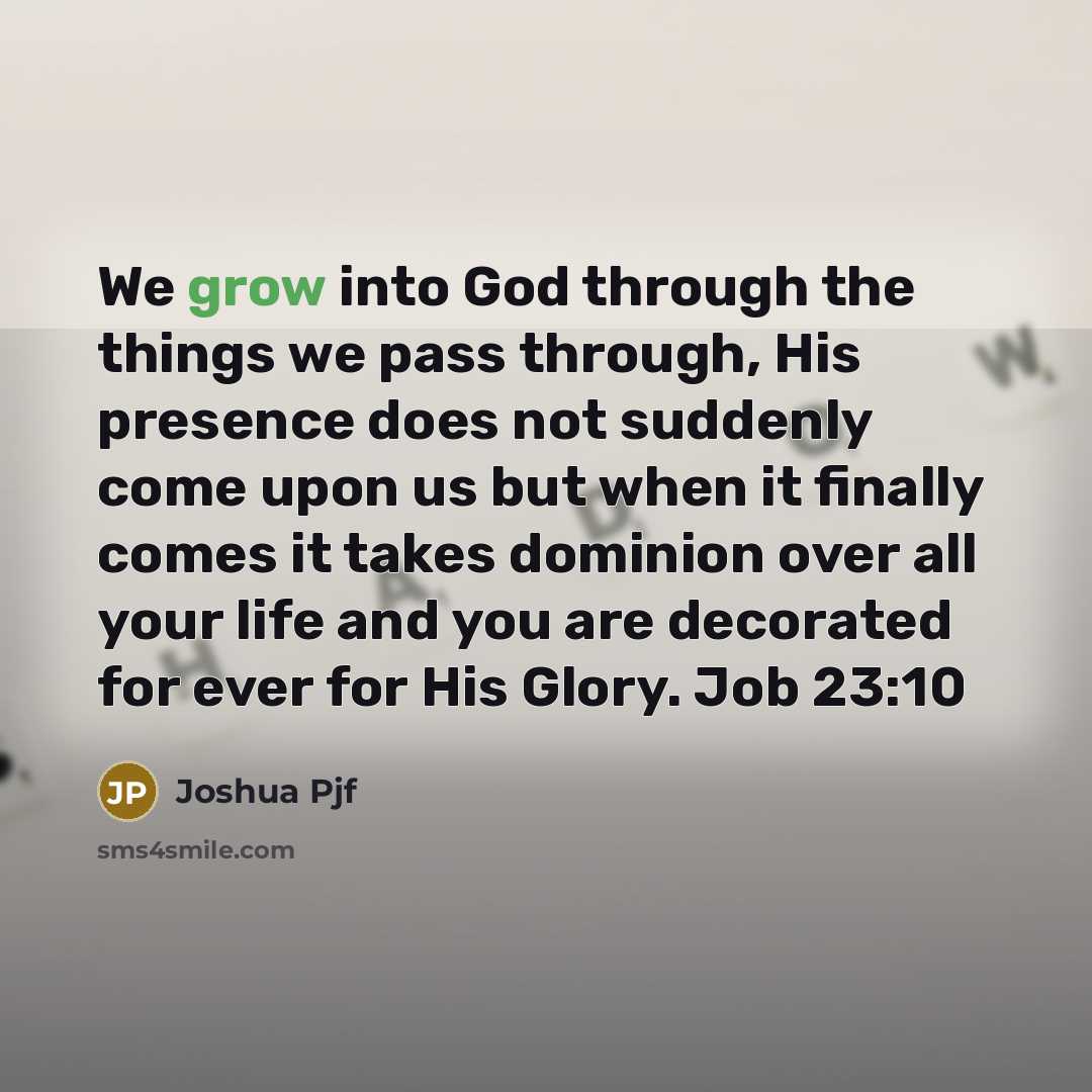 “We grow into God through the things we pass through, His presence does not suddenly come upon us but when it finally comes it takes dominion over all your life and you are decorated for ever for His Glory. Job 23:10” quote by Joshua Pjf