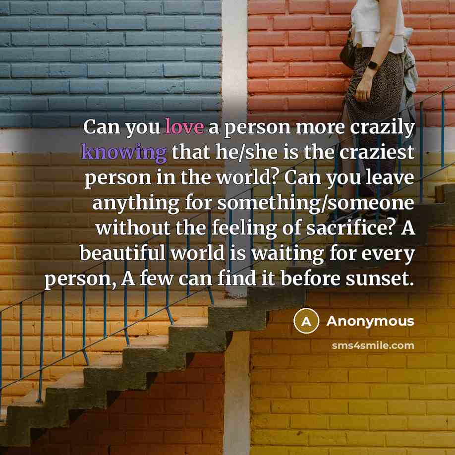 “Can you love a person more crazily knowing that he/she is the craziest person in the world? Can you leave anything for something/someone without the feeling of sacrifice? A beautiful world is waiting for every person, A few can find it before sunset.” quote by Anonymous
