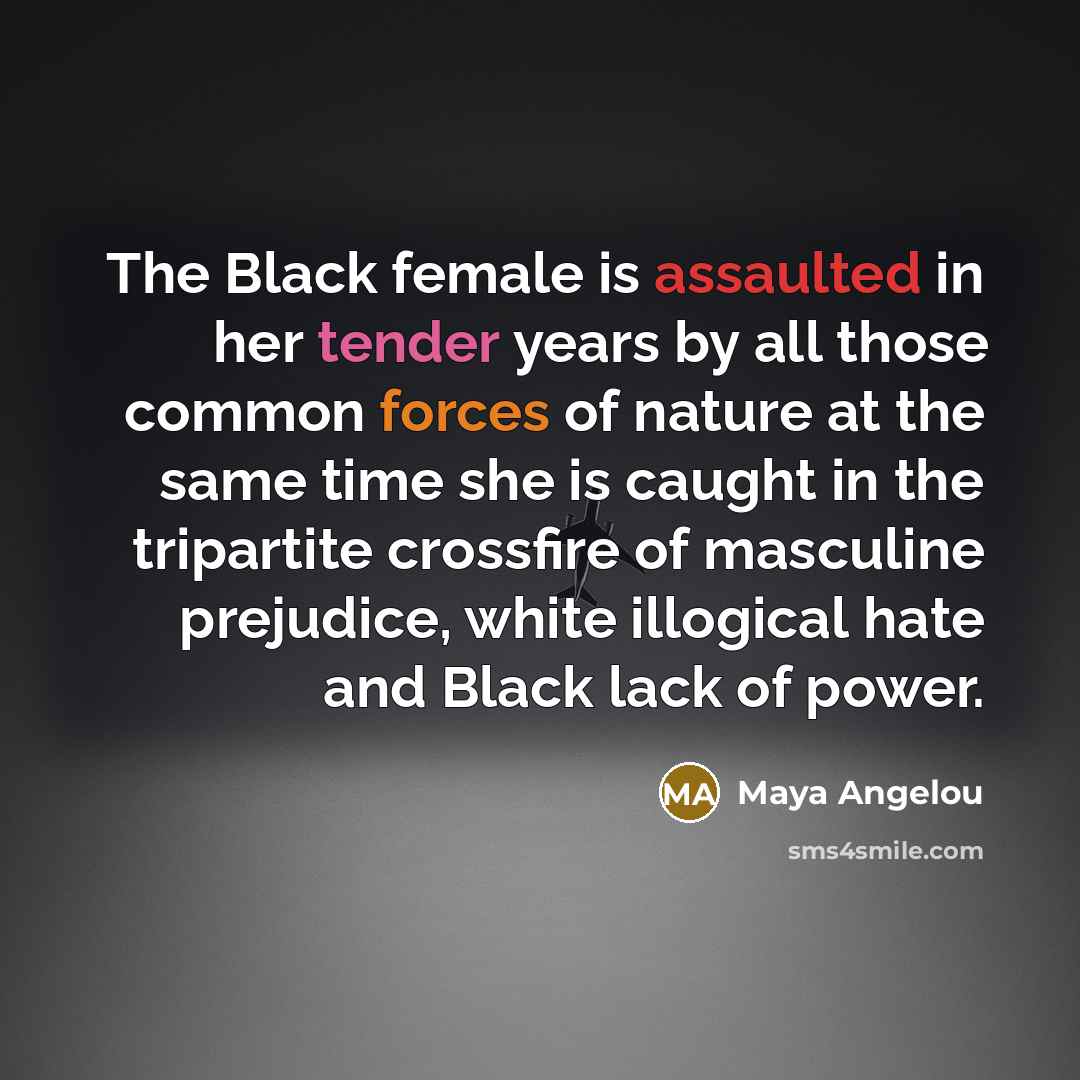 “The Black female is assaulted in her tender years by all those common forces of nature at the same time she is caught in the tripartite crossfire of masculine prejudice, white illogical hate and Black lack of power.” quote by Maya Angelou