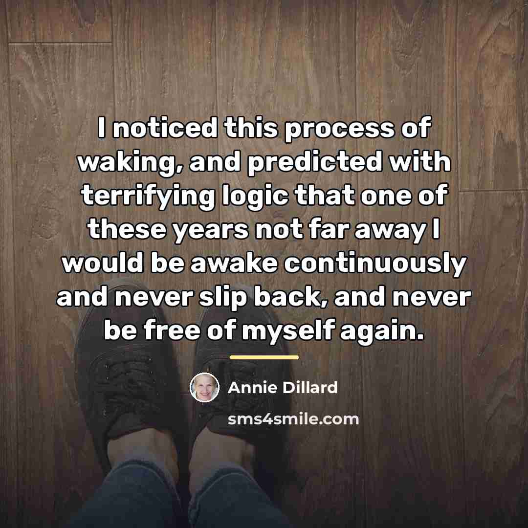 “I noticed this process of waking, and predicted with terrifying…” quote by Annie Dillard