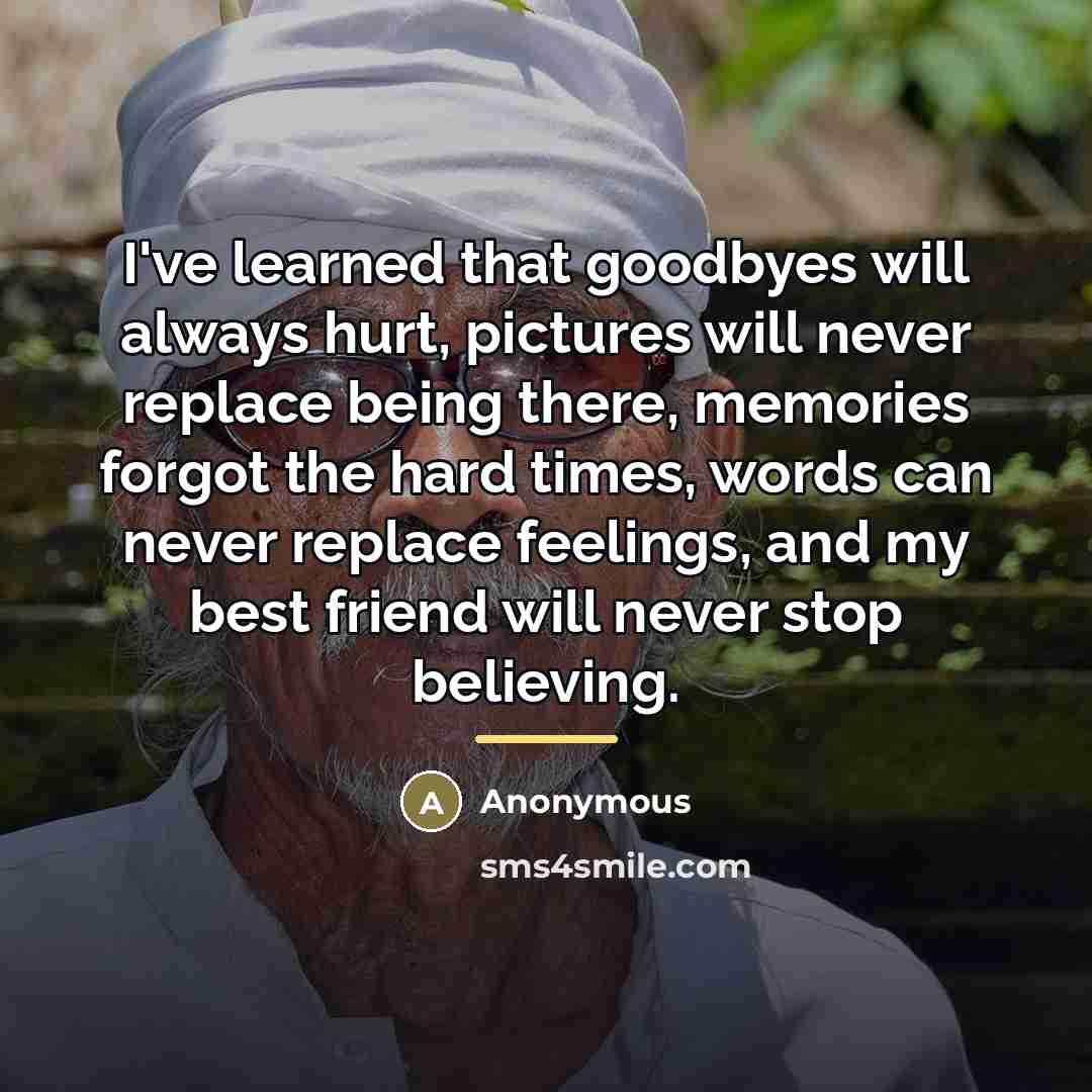 “I've learned that goodbyes will always hurt, pictures will never…” quote by Anonymous