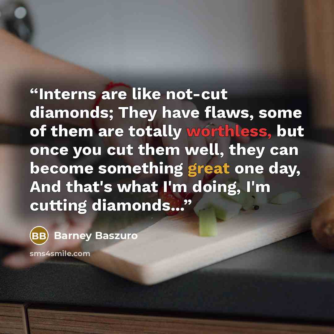 “Interns are like not-cut diamonds; They have flaws, some of them are totally worthless, but once you cut them well, they can become something great one day, And that's what I'm doing, I'm cutting diamonds...” quote by Barney Baszuro