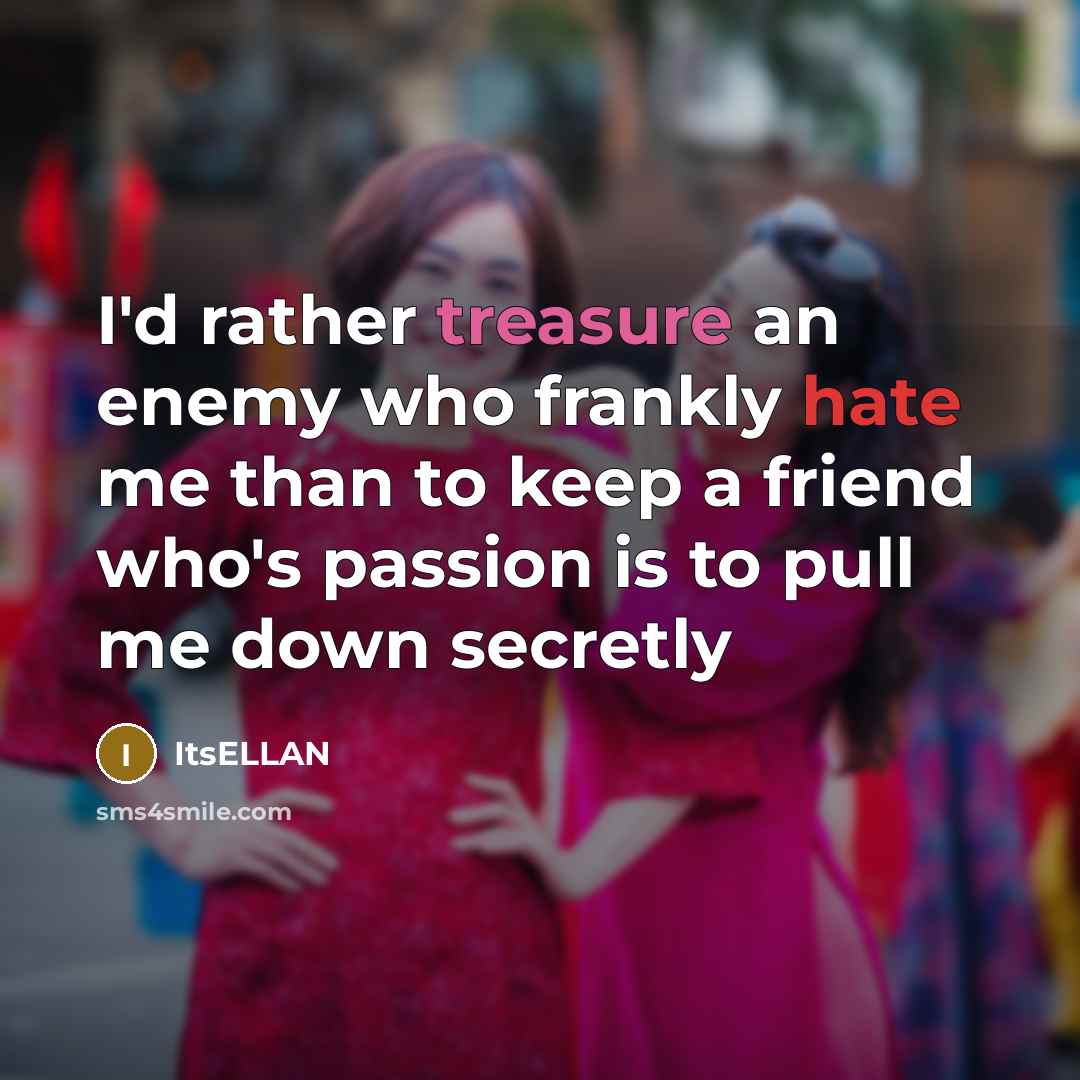 “I'd rather treasure an enemy who frankly hate me than to keep a friend who's passion is to pull me down secretly” quote by ItsELLAN