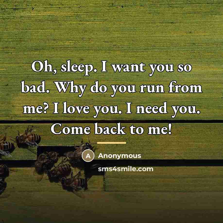 “Oh, sleep. I want you so bad. Why do you run from me? I love you. I need you. Come back to me!” quote by Anonymous