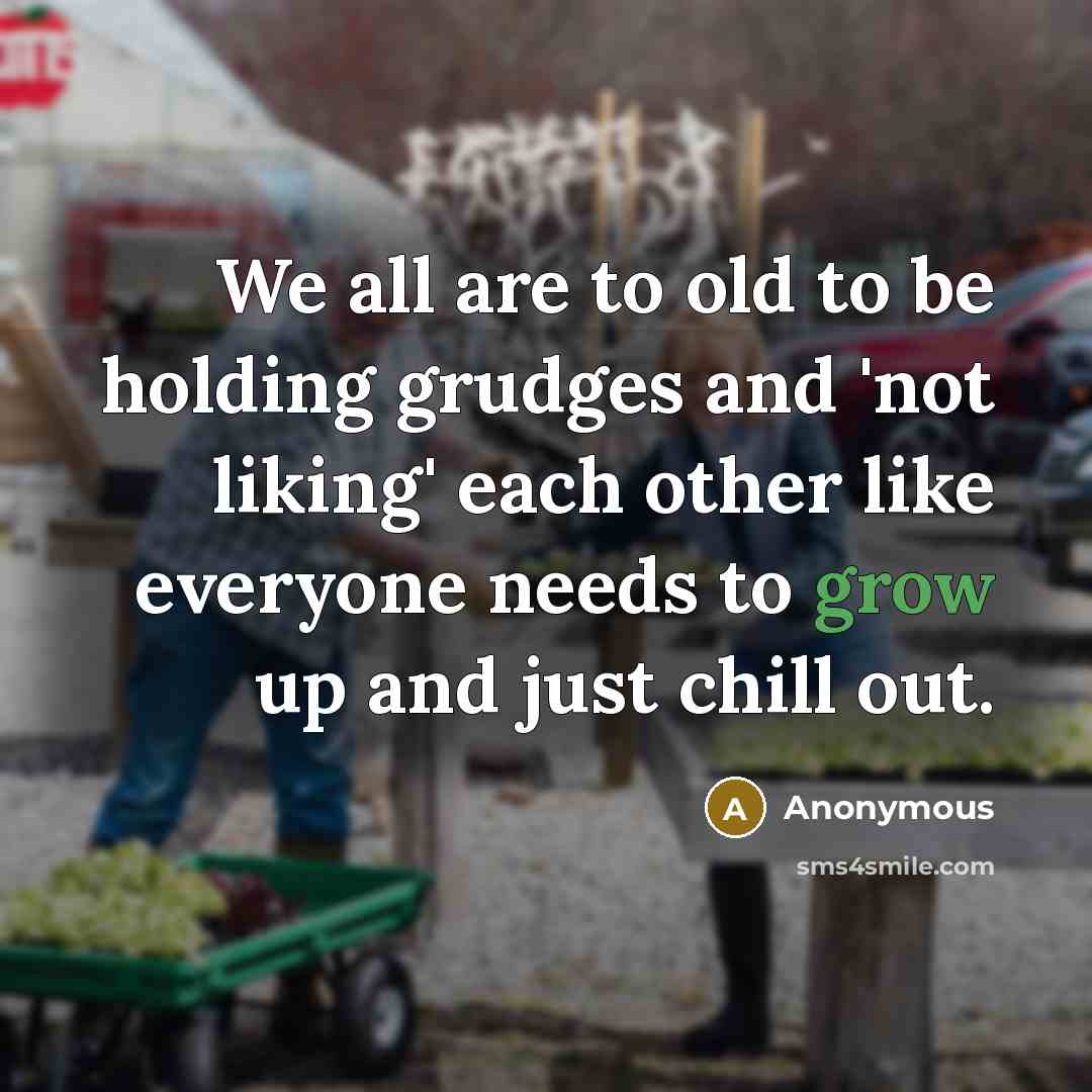 “We all are to old to be holding grudges and 'not liking' each other like everyone needs to grow up and just chill out.” quote by Anonymous