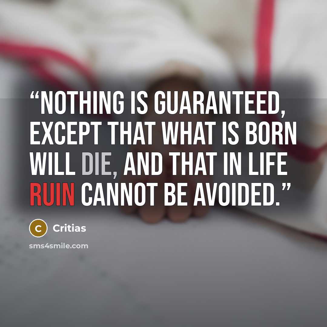 “Nothing is guaranteed, except that what is born will die, and that in life ruin cannot be avoided.” quote by Critias