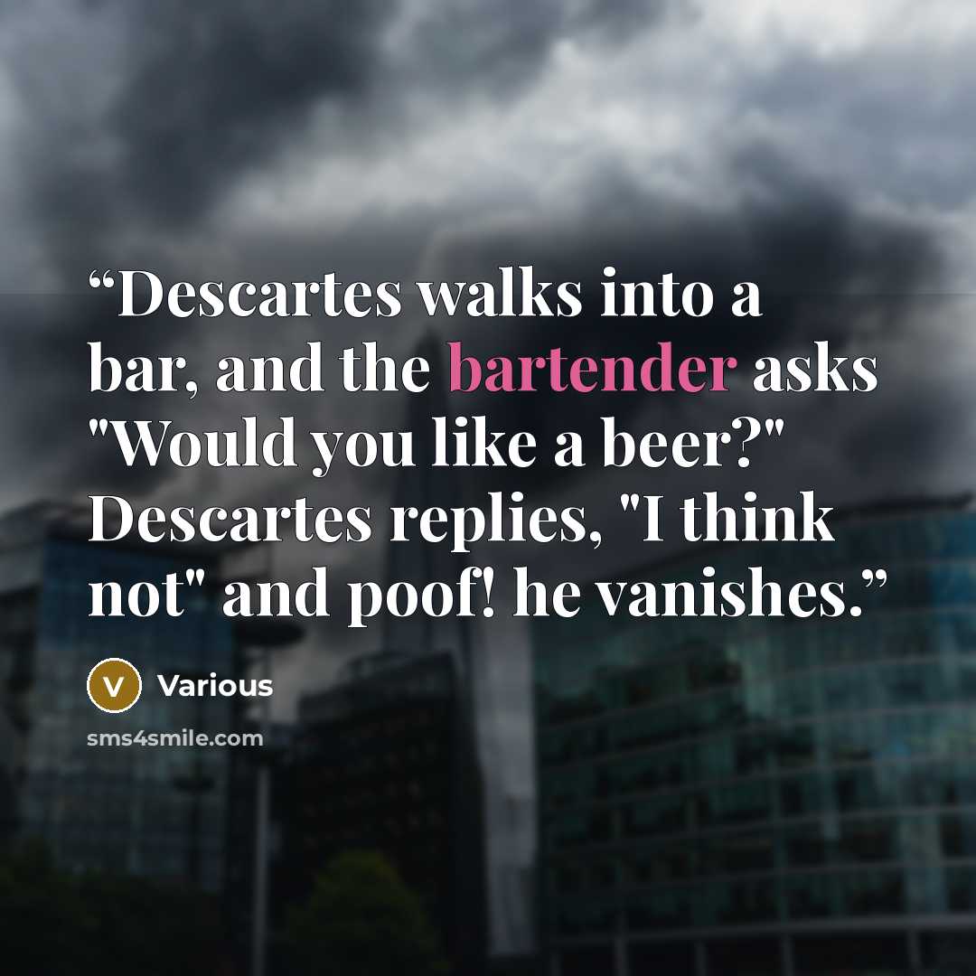 “Descartes walks into a bar, and the bartender asks "Would you like a beer?" Descartes replies, "I think not" and poof! he vanishes.” quote by Various