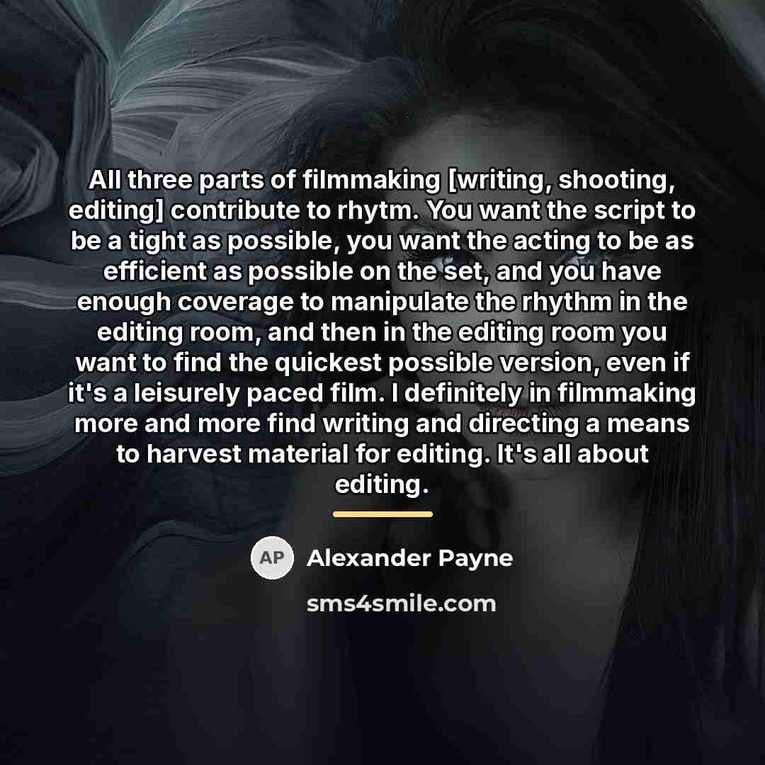 “All three parts of filmmaking [writing, shooting, editing] contribute to…” quote by Alexander Payne