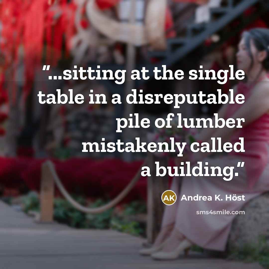 “...sitting at the single table in a disreputable pile of lumber mistakenly called a building.” quote by Andrea K. Höst