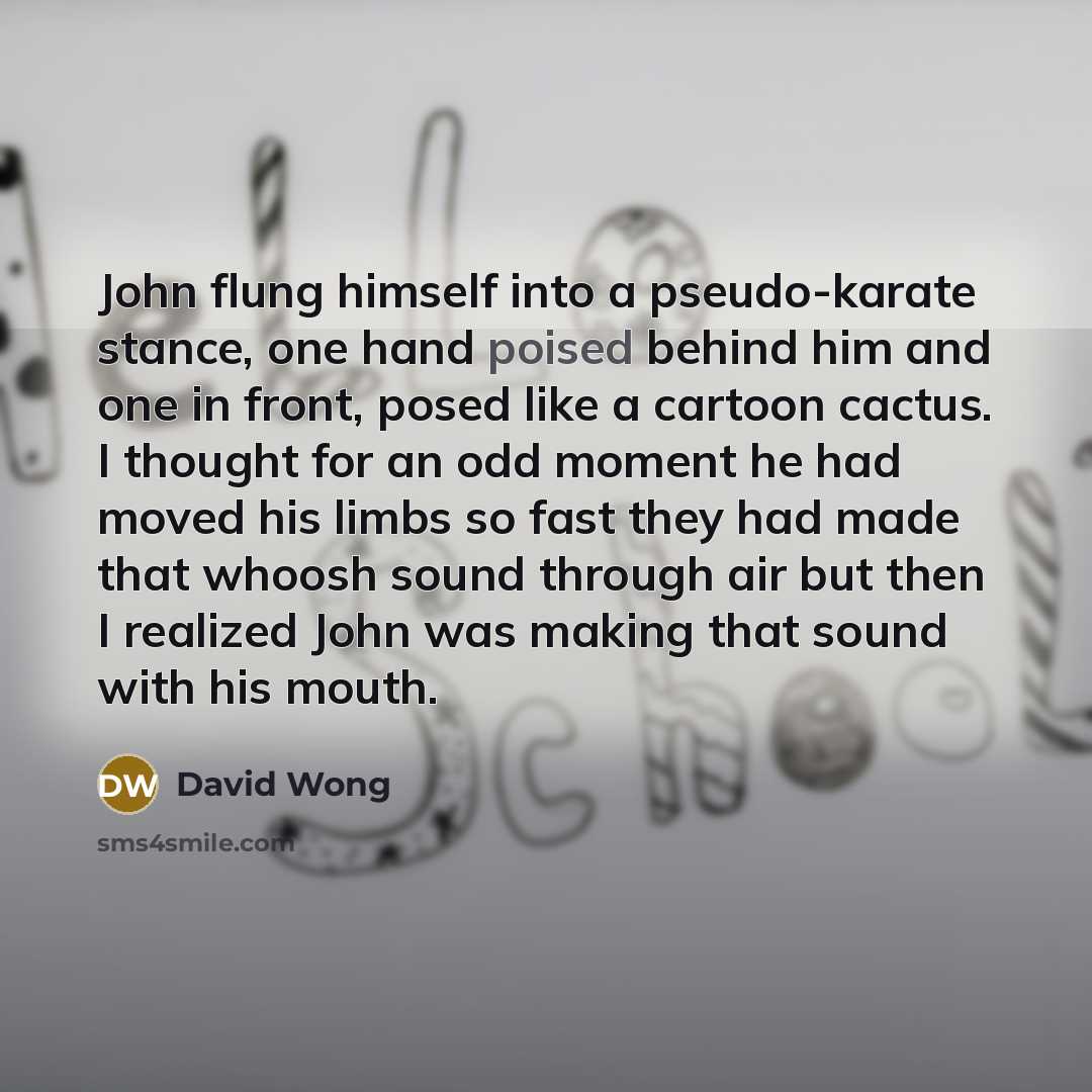 “John flung himself into a pseudo-karate stance, one hand poised…” quote by David Wong
