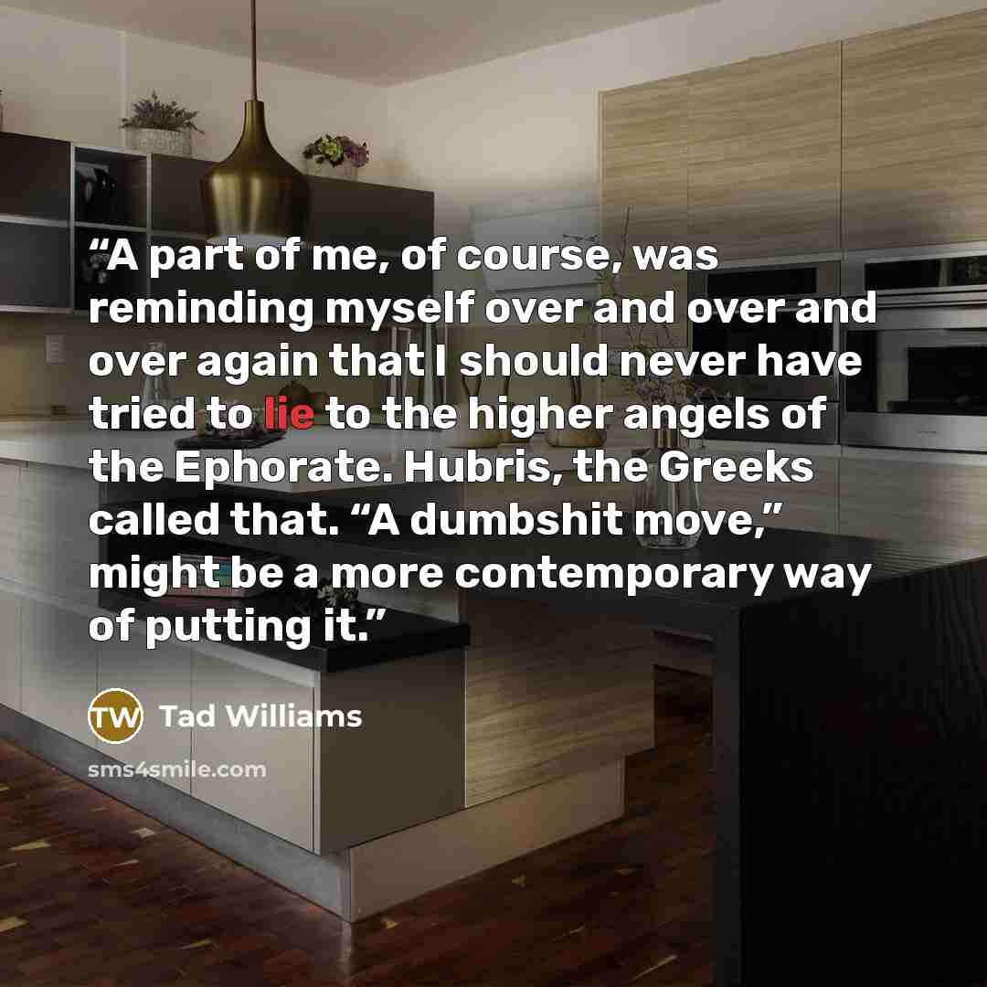 “A part of me, of course, was reminding myself over and over and over again that I should never have tried to lie to the higher angels of the Ephorate. Hubris, the Greeks called that. “A dumbshit move,” might be a more contemporary way of putting it.” quote by Tad Williams
