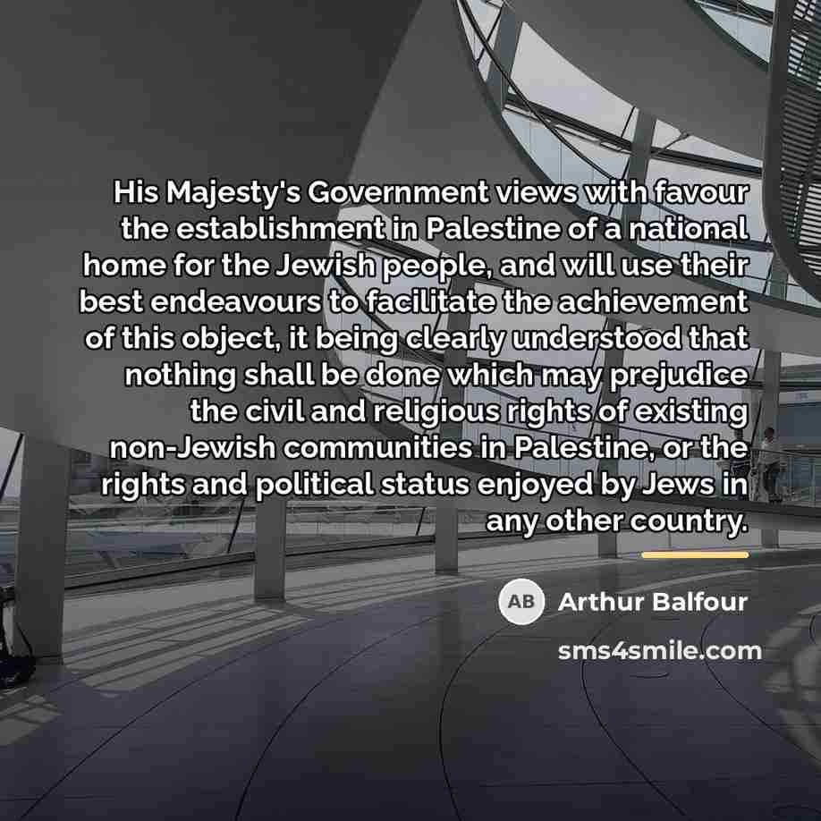 “His Majesty's Government views with favour the establishment in Palestine…” quote by Arthur Balfour