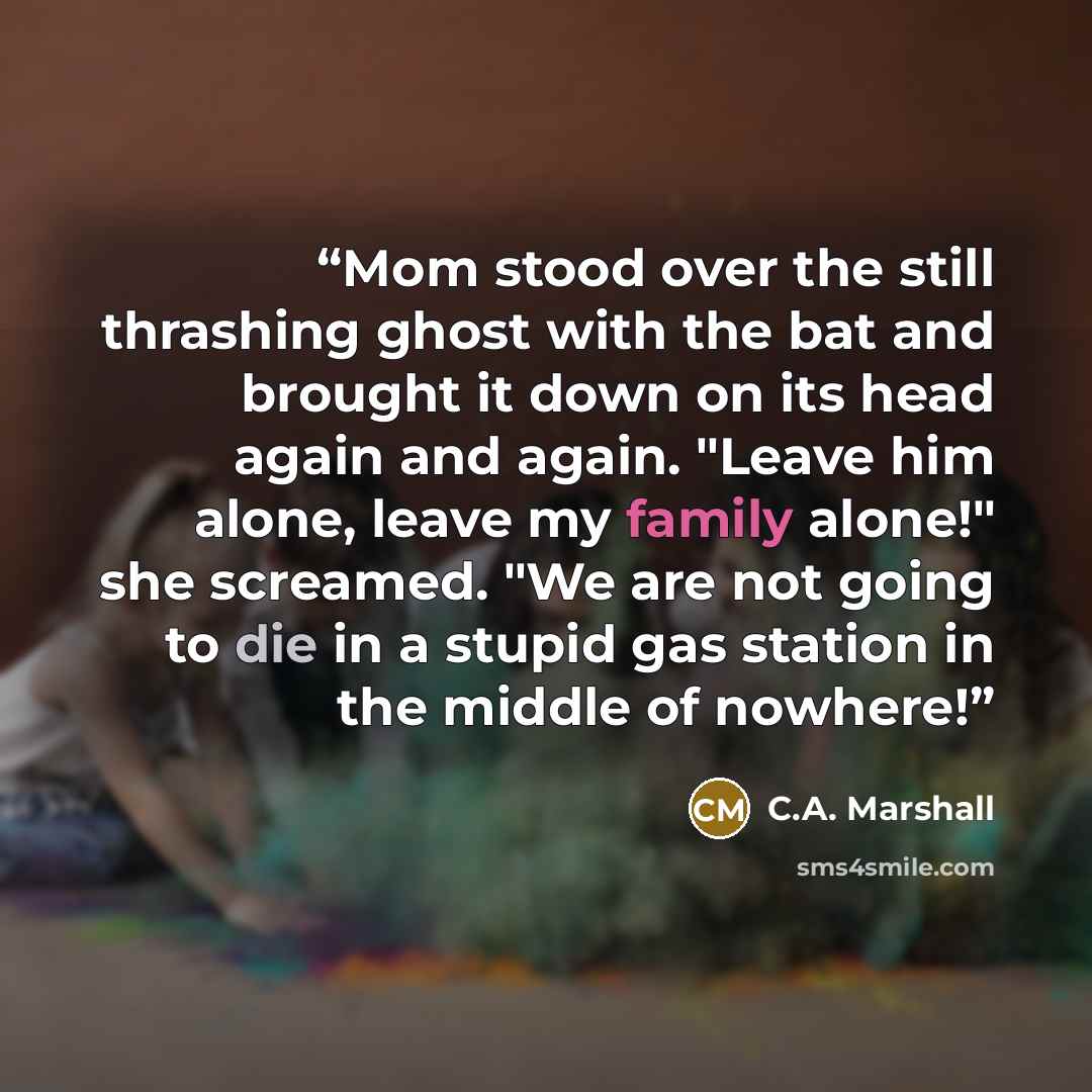 “Mom stood over the still thrashing ghost with the bat and brought it down on its head again and again. "Leave him alone, leave my family alone!" she screamed. "We are not going to die in a stupid gas station in the middle of nowhere!” quote by C.A. Marshall