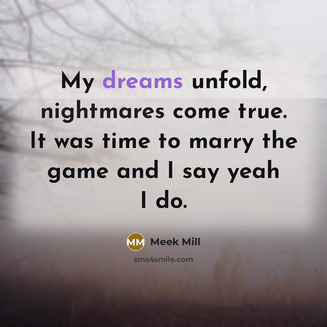 “My dreams unfold, nightmares come true. It was time to marry the game and I say yeah I do.” quote by Meek Mill