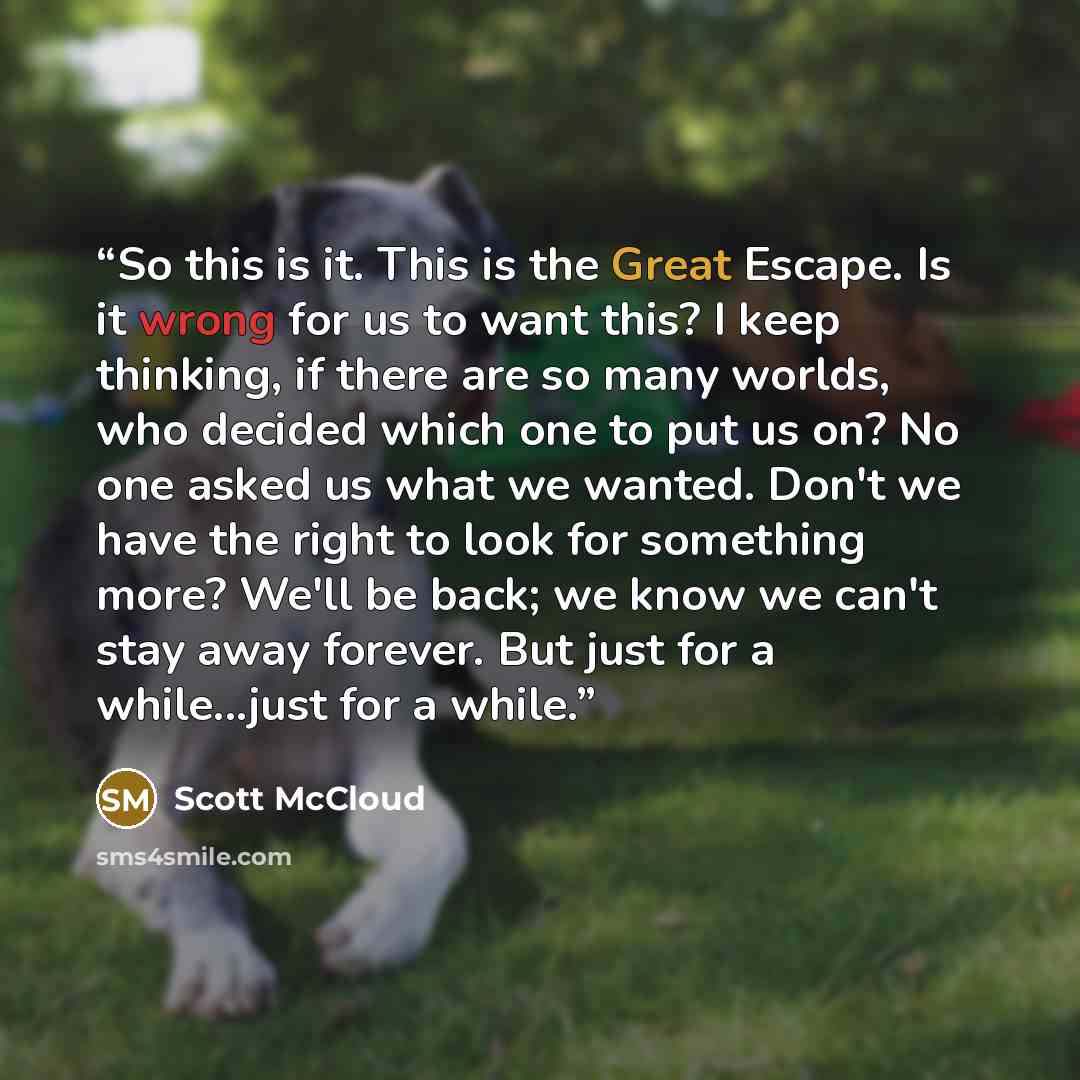 “So this is it. This is the Great Escape. Is it wrong for us to want this? I keep thinking, if there are so many worlds, who decided which one to put us on? No one asked us what we wanted. Don't we have the right to look for something more? We'll be back; we know we can't stay away forever. But…” quote by Scott McCloud