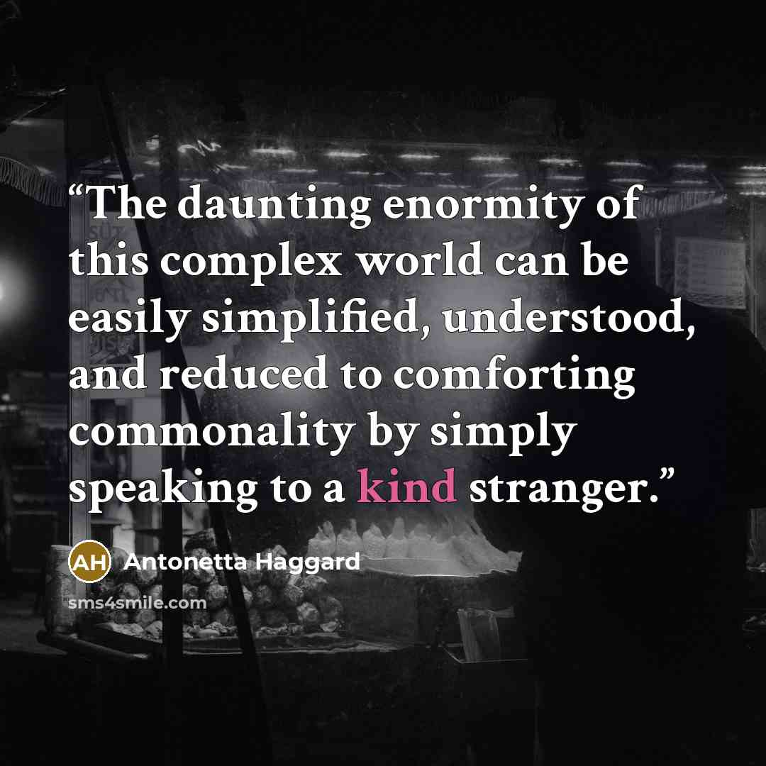 “The daunting enormity of this complex world can be easily simplified, understood, and reduced to comforting commonality by simply speaking to a kind stranger.” quote by Antonetta Haggard